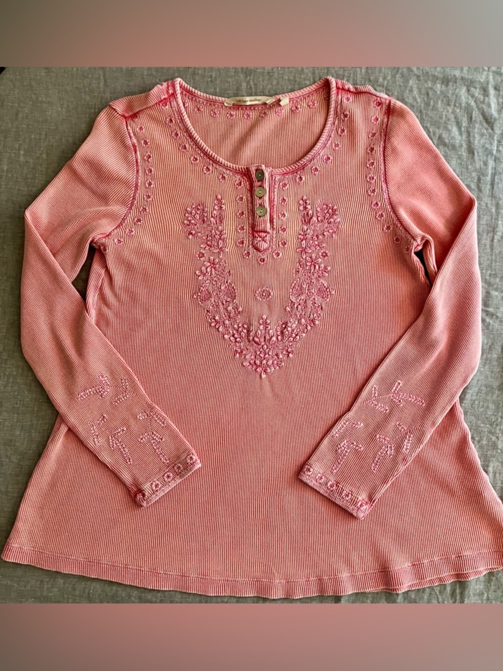 Soft Surroundings Waffle-Knit Henley with embroidered details